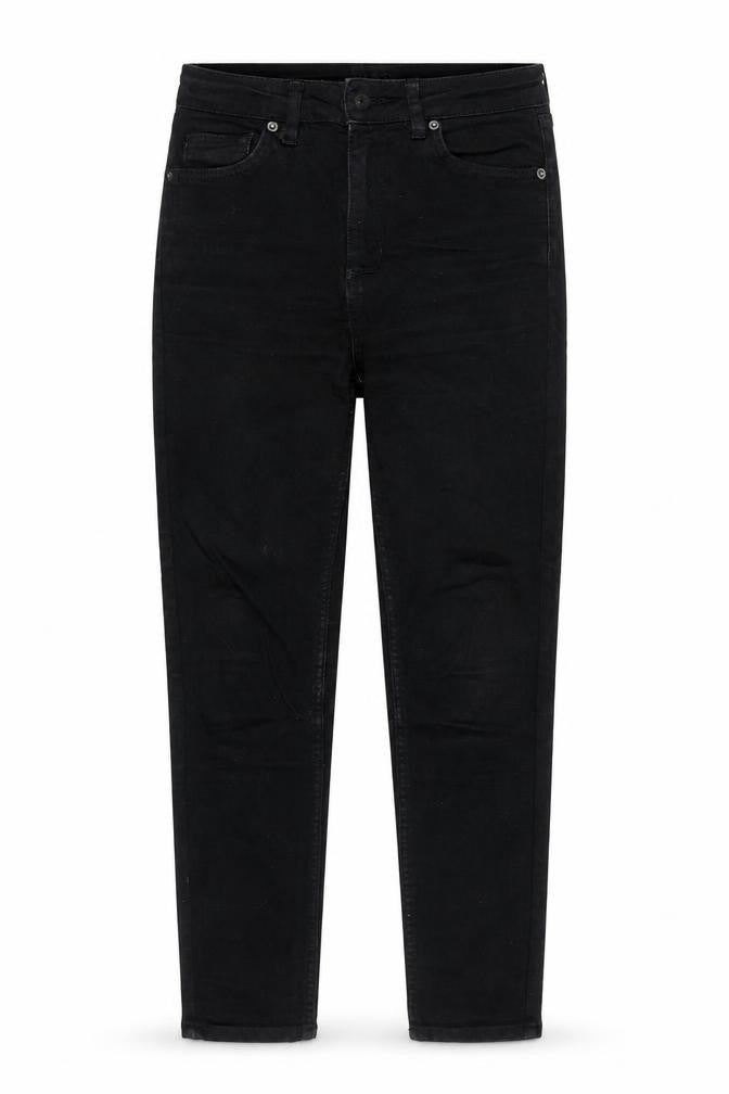 Front view of BDG women’s black cotton skinny jeans, size UK 27, in, 30-inch leg regular zip