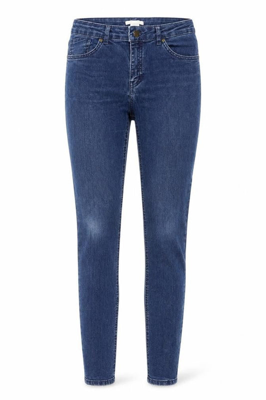 Front view of h7m women’s blue cotton skinny jeans, size UK 10, 32-inch leg regular zip