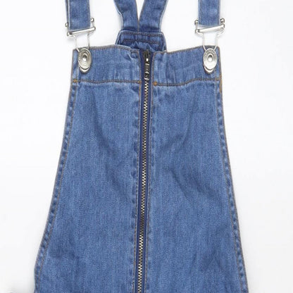 PARISIAN SIGNATURE Womens Blue Cotton Pinafore/Dungaree Dress Size 8 Square Neck Zip - Pockets