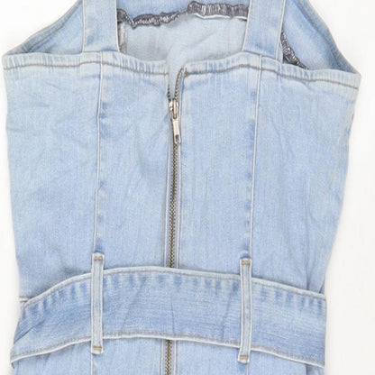 Denim & Co. Womens Blue Cotton Pinafore/Dungaree Dress Size 10 Square Neck Zip - Belted