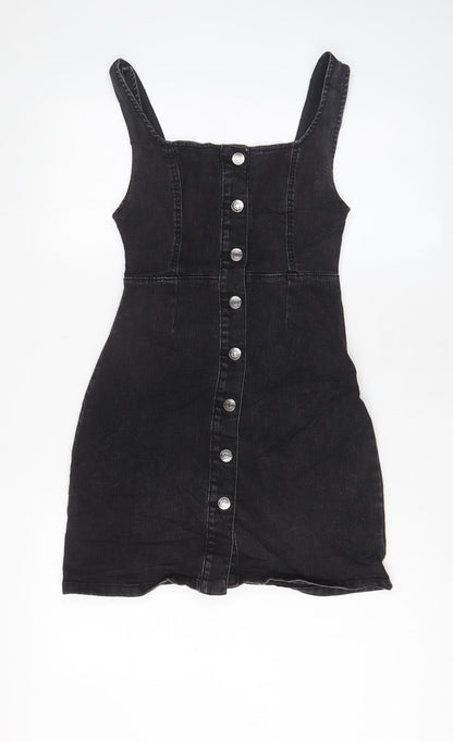 Denim & Co. Womens Grey Cotton Pinafore/Dungaree Dress Size 6 Square Neck Button