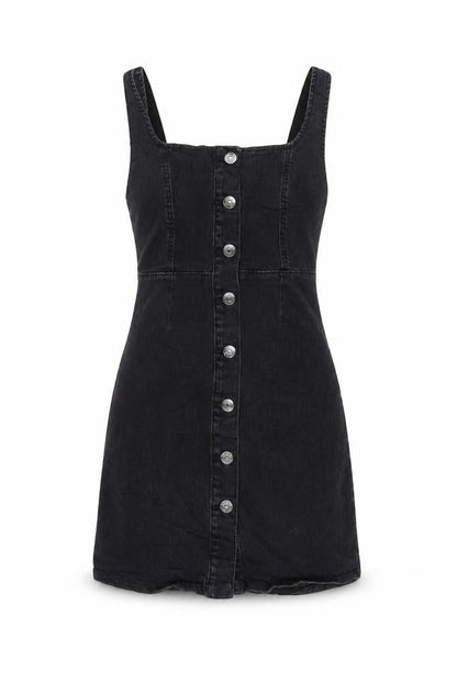 Denim & Co. Womens Grey Cotton Pinafore/Dungaree Dress Size 6 Square Neck Button