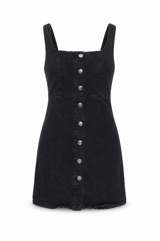 Front view of Denim & Co. women’s grey cotton pinafore/dungaree dress, size UK 6, square neck button