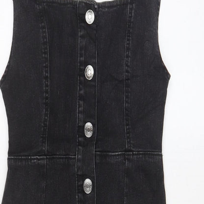 Denim & Co. Womens Grey Cotton Pinafore/Dungaree Dress Size 6 Square Neck Button