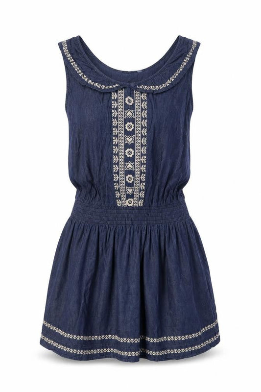 Front view of Red Herring women’s blue cotton a-line, size UK 10, v-neck pullover - keyhole neck, embroided