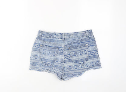 Miss Selfridge Womens Blue Geometric Cotton Basic Shorts Size 10 Regular Zip - Pockets