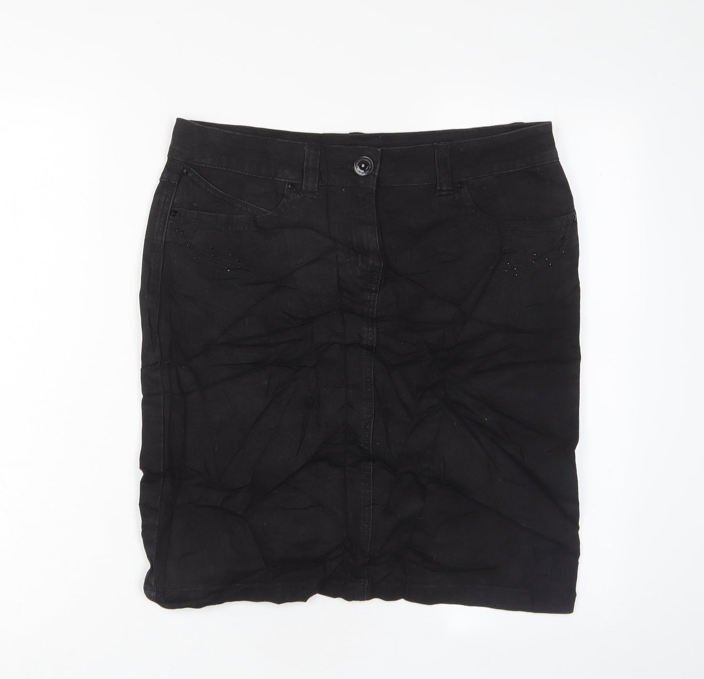 Marks and Spencer Womens Black Cotton A-Line Skirt Size 10 Zip - Studded, Pockets