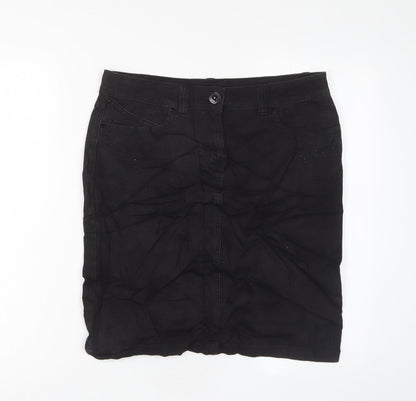 Marks and Spencer Womens Black Cotton A-Line Skirt Size 10 Zip - Studded, Pockets