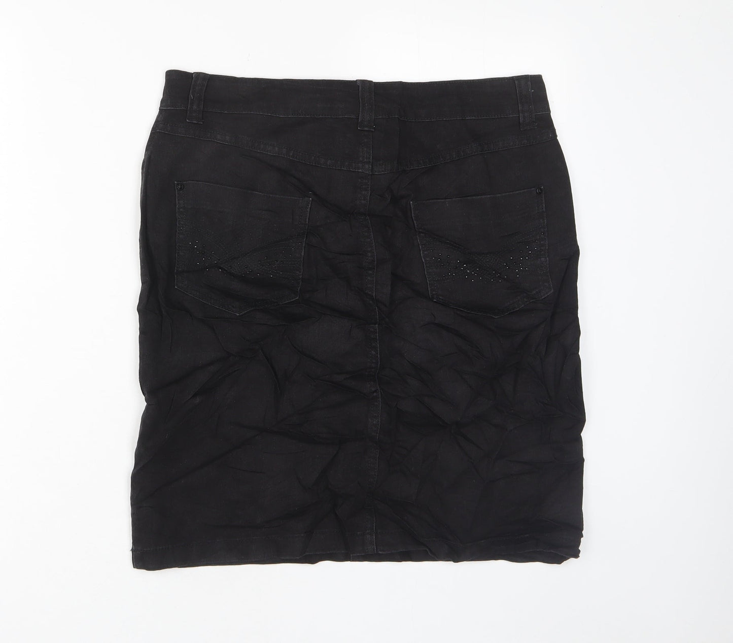 Marks and Spencer Womens Black Cotton A-Line Skirt Size 10 Zip - Studded, Pockets