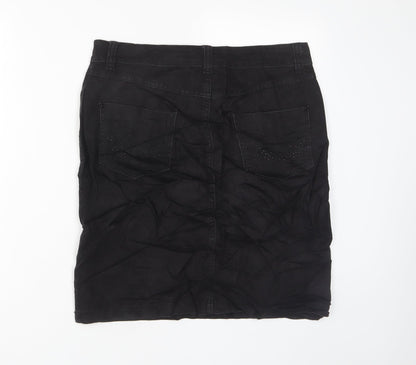 Marks and Spencer Womens Black Cotton A-Line Skirt Size 10 Zip - Studded, Pockets