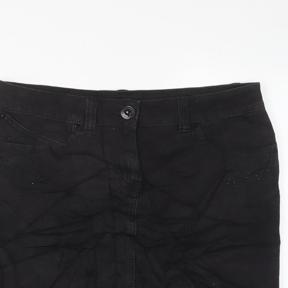 Marks and Spencer Womens Black Cotton A-Line Skirt Size 10 Zip - Studded, Pockets