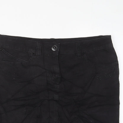 Marks and Spencer Womens Black Cotton A-Line Skirt Size 10 Zip - Studded, Pockets