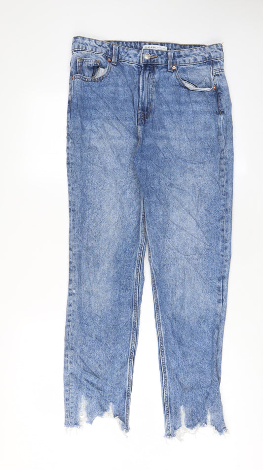 Denim & Co. Womens Blue Cotton Straight Jeans Size 12 L29 in Regular Zip - Freyed Hem