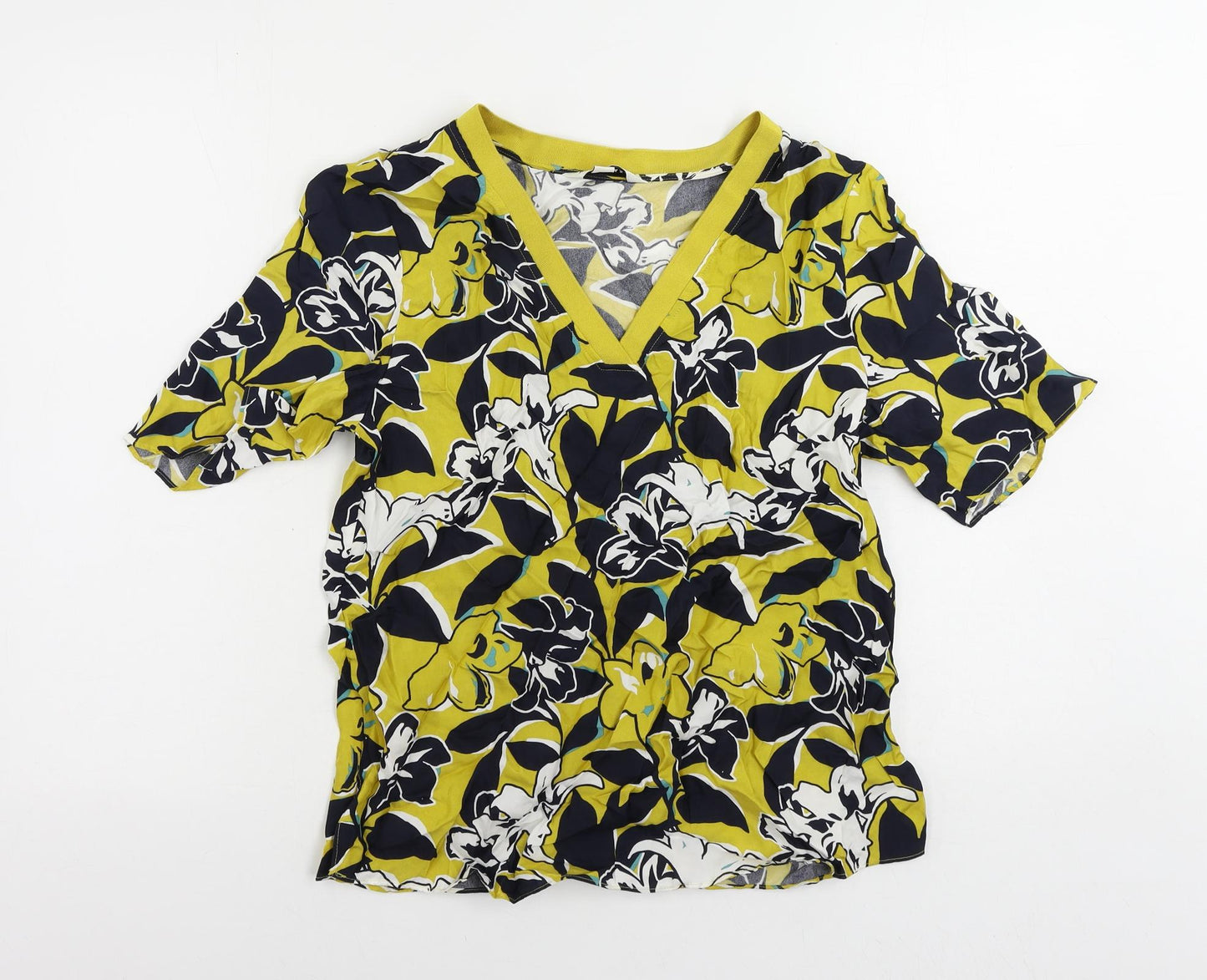 Autograph Womens Yellow Floral Cupro Basic Blouse Size 8 V-Neck