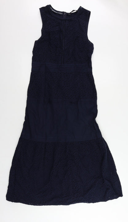 Marks and Spencer Womens Blue Cotton A-Line Size 6 Round Neck Zip - Broderie Anglaise