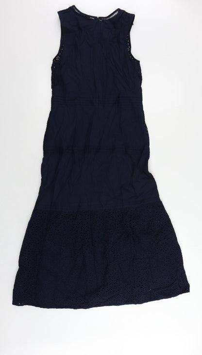 Marks and Spencer Womens Blue Cotton A-Line Size 6 Round Neck Zip - Broderie Anglaise