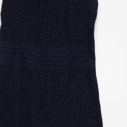 Marks and Spencer Womens Blue Cotton A-Line Size 6 Round Neck Zip - Broderie Anglaise
