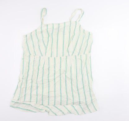 Marks and Spencer Womens Ivory Striped Linen Tank Dress Size 24 Square Neck Zip - Ruffle