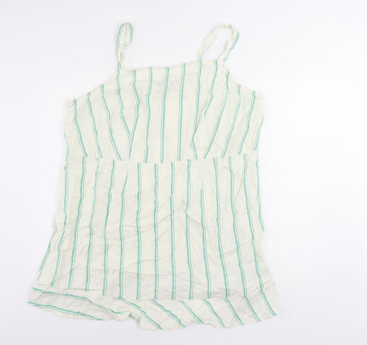 Marks and Spencer Womens Ivory Striped Linen Tank Dress Size 24 Square Neck Zip - Ruffle