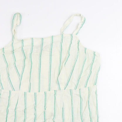 Marks and Spencer Womens Ivory Striped Linen Tank Dress Size 24 Square Neck Zip - Ruffle