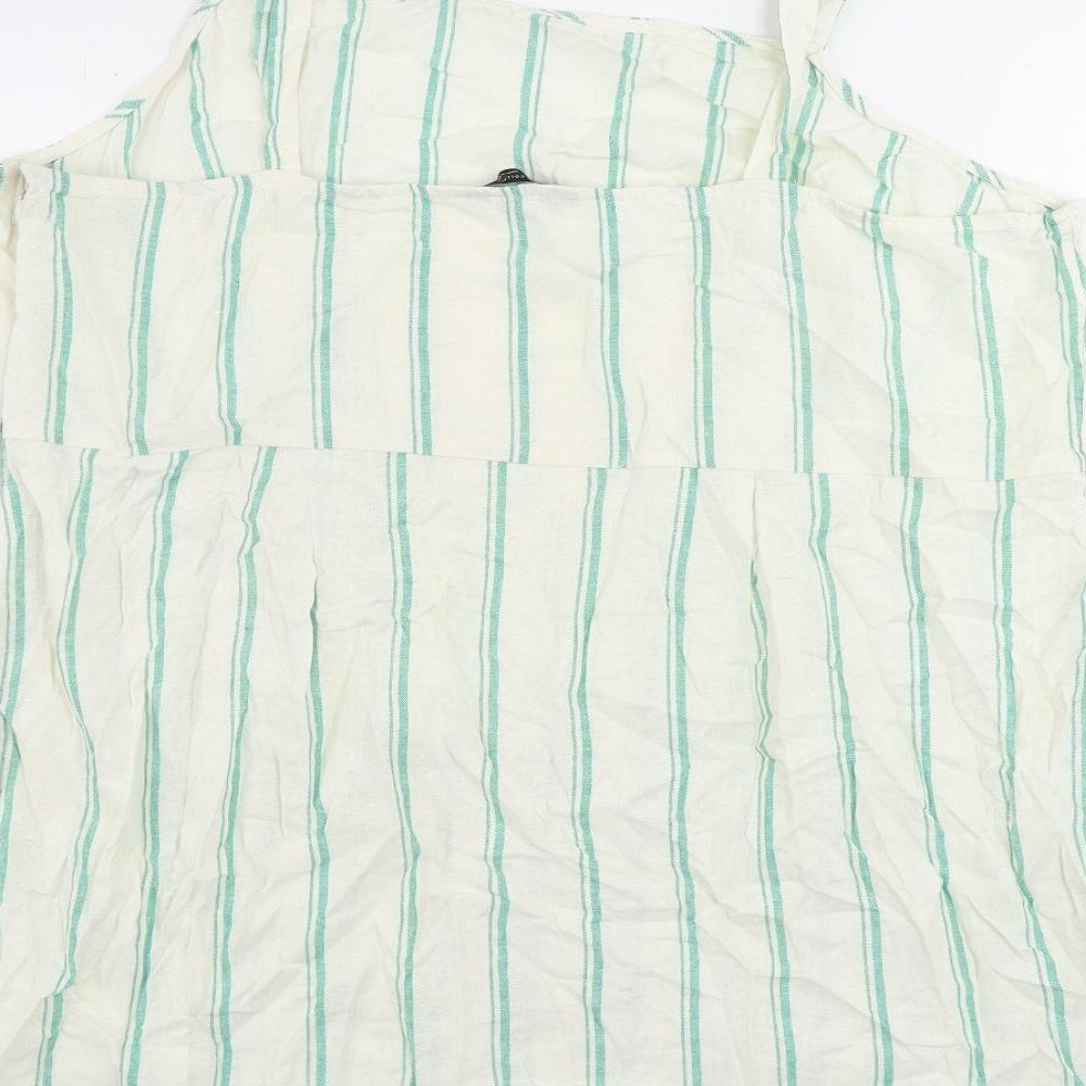 Marks and Spencer Womens Ivory Striped Linen Tank Dress Size 24 Square Neck Zip - Ruffle