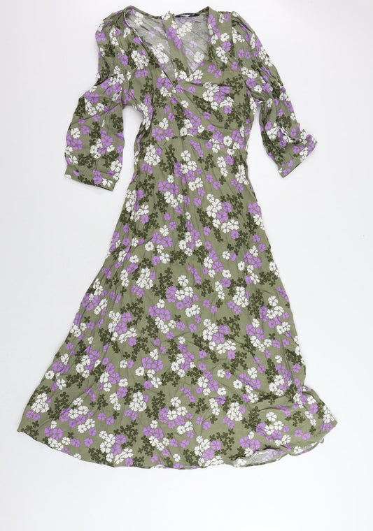 Marks and Spencer Womens Green Floral Viscose A-Line Size 6 V-Neck Zip