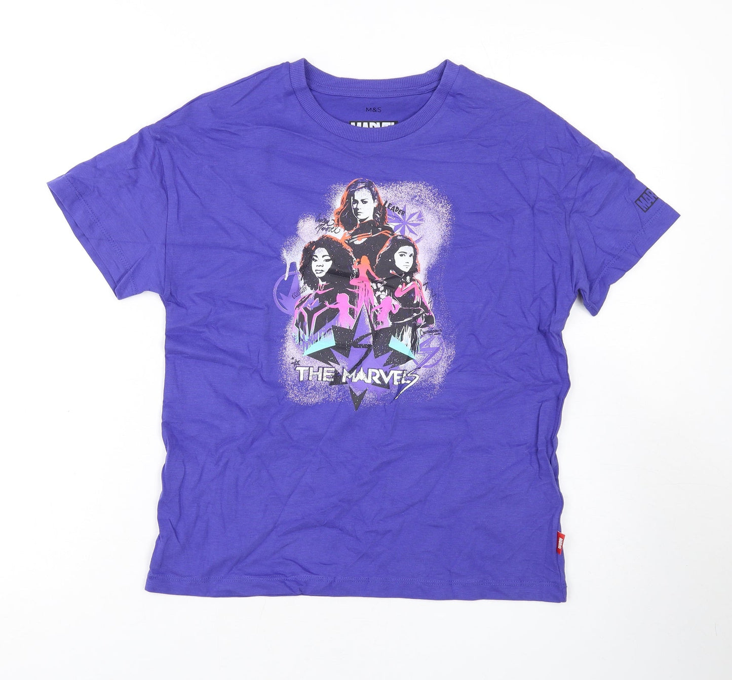 Marks and Spencer Boys Purple Cotton Basic T-Shirt Size 10-11 Years Round Neck Pullover - Marvel