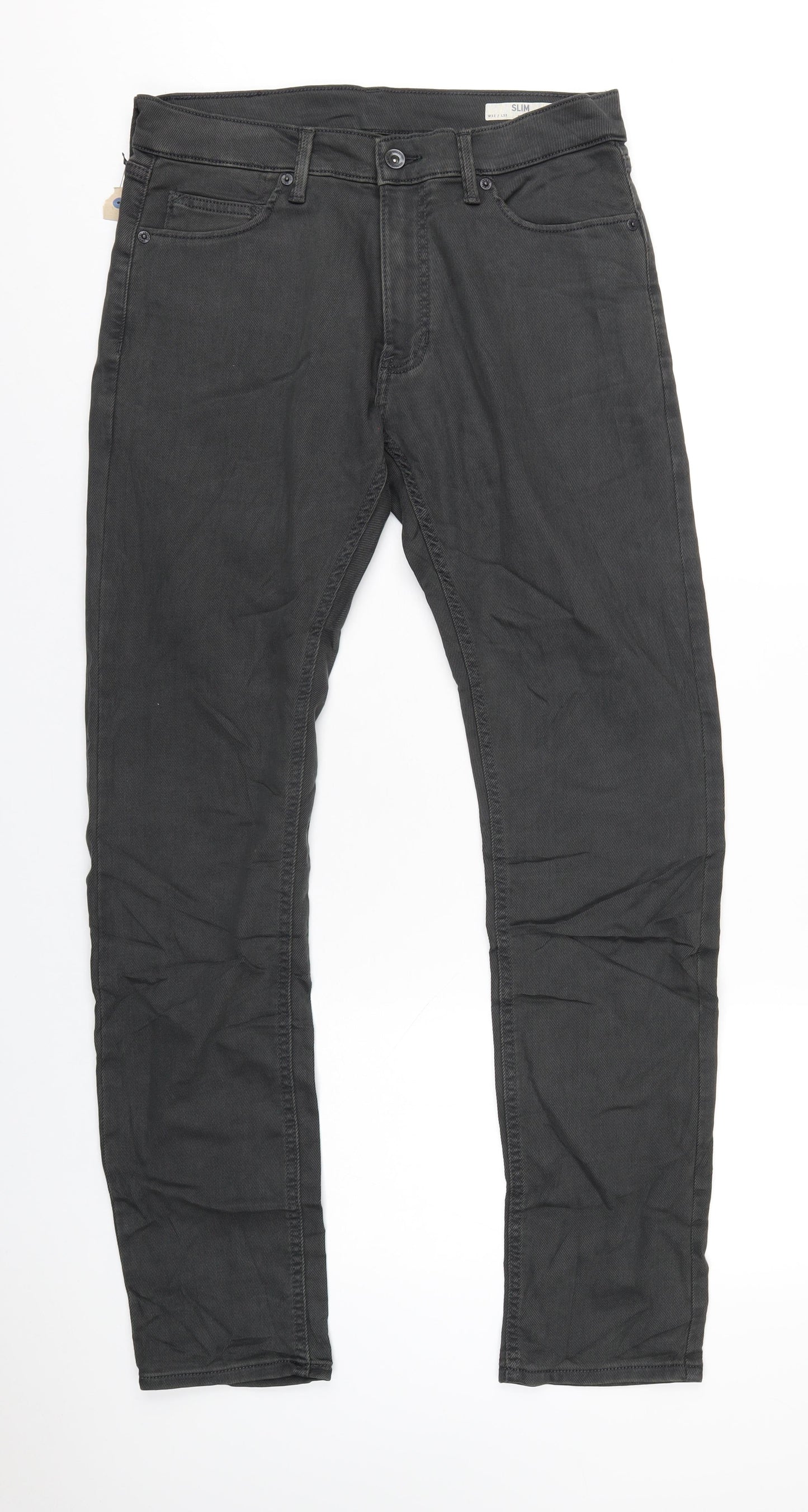 Marks and Spencer Mens Grey Cotton Straight Jeans Size 32 in L33 in Slim Zip