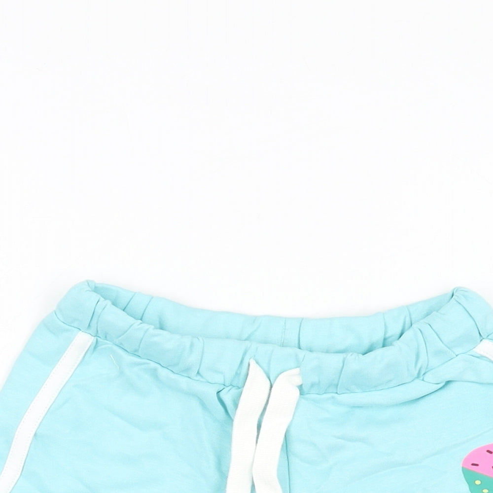 Marks and Spencer Girls Blue Cotton Sweat Shorts Size 4-5 Years Regular Drawstring - Ice Lolly