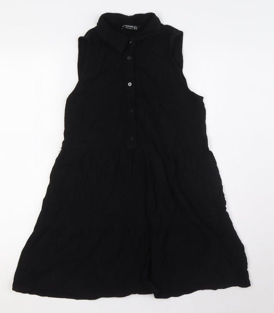 Stradivarius Womens Black Polyester A-Line Size S Collared Button