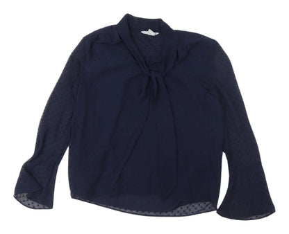 H&M Women's Blue Tie Neck Blouse, Size 6, Flared Sleeves