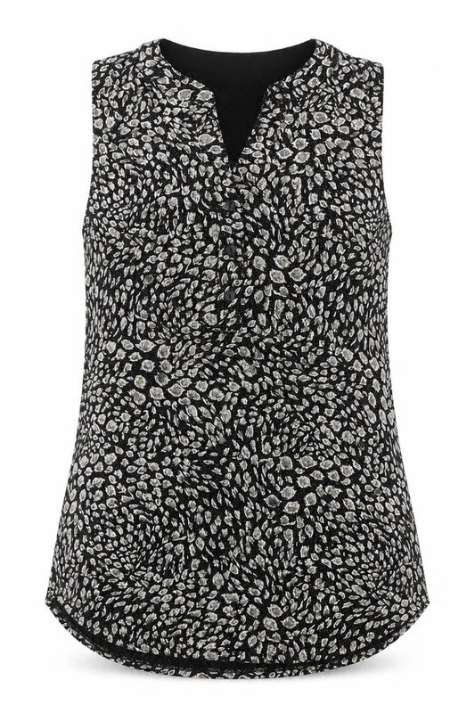Front view of Roman Women's Black Animal Print Sleeveless Blouse, size 10