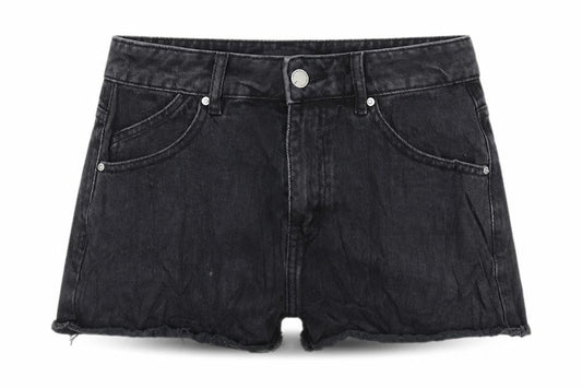 Front view of Urban Revivo Black High-Waisted Cut-Off Denim Shorts