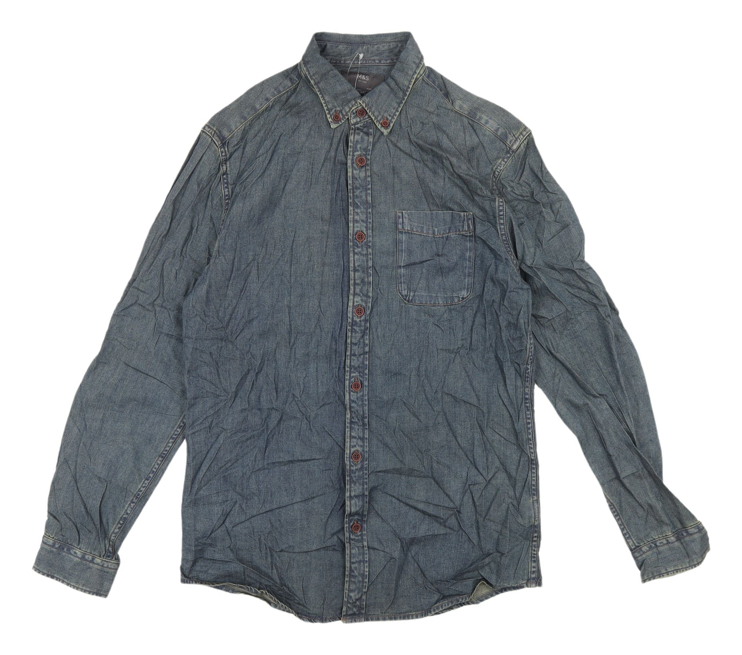 Marks & Spencer Men's Blue Denim Shirt, S, Button-Up