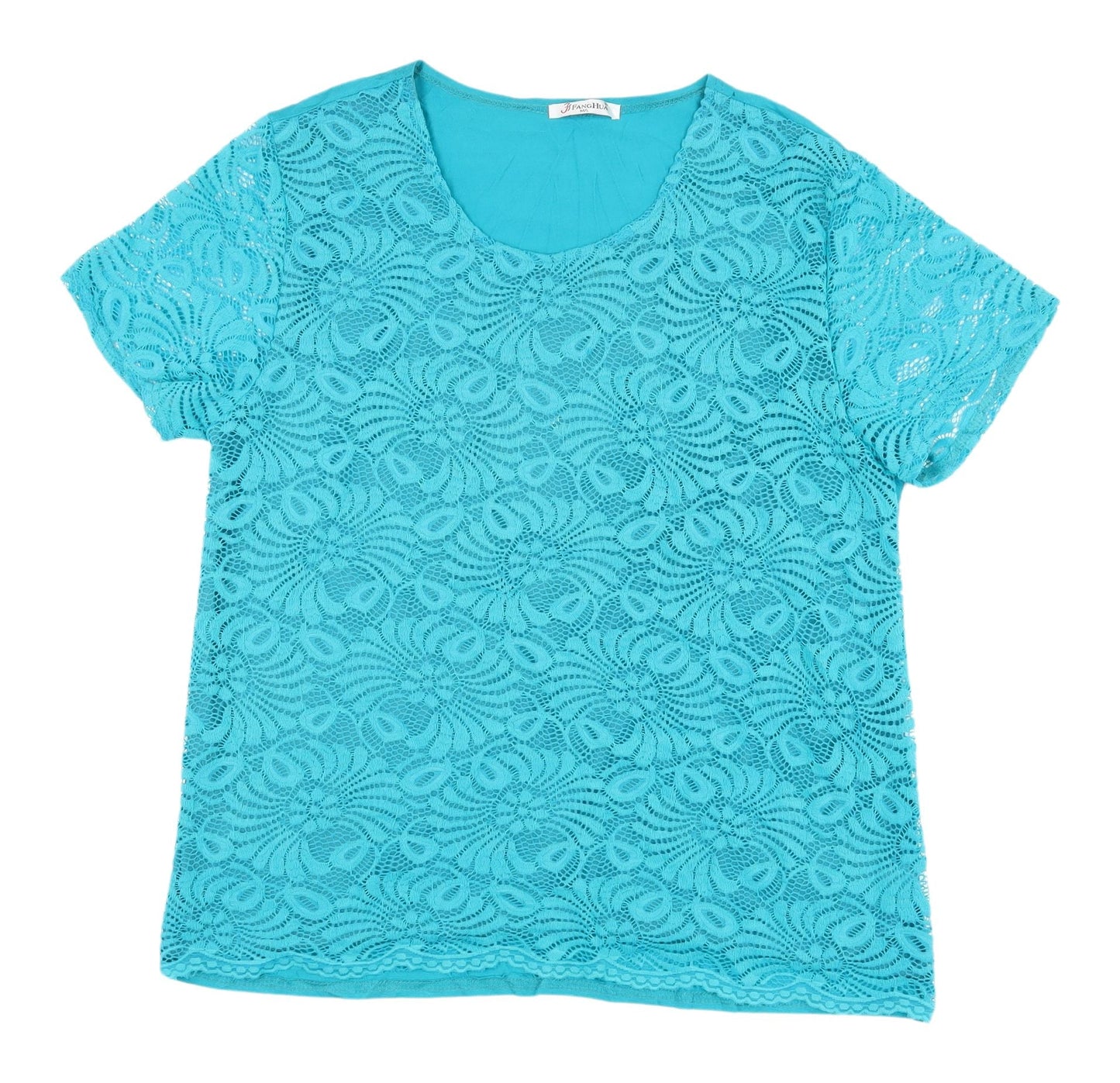 Fanghua Blue Lace Blouse for Women M/L Short Sleeve
