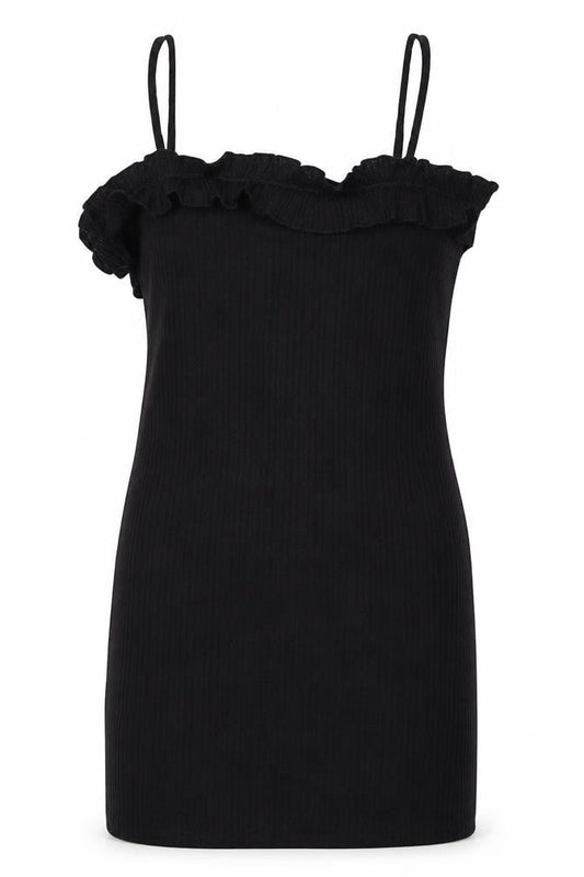 Front view of ASOS Women's Black Mini Dress, size 10, Ruffled Sleeveless