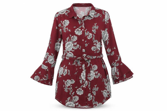 Front view of In the Style Women's Red Floral Shirt Dress