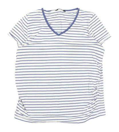 Avenue Women's White Striped V-Neck T-Shirt Size 12-14