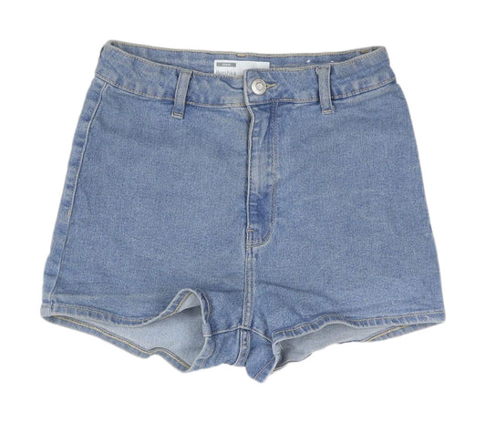 Bershka Women's Blue Denim High-Rise Cut-Off Shorts - Size 10