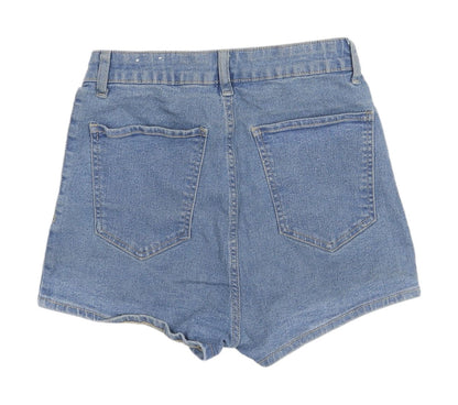 Bershka Women's Blue Denim High-Rise Cut-Off Shorts - Size 10