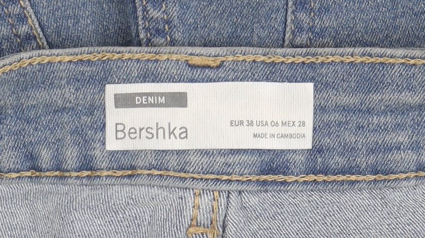 Bershka Women's Blue Denim High-Rise Cut-Off Shorts - Size 10