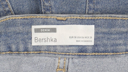 Bershka Women's Blue Denim High-Rise Cut-Off Shorts - Size 10