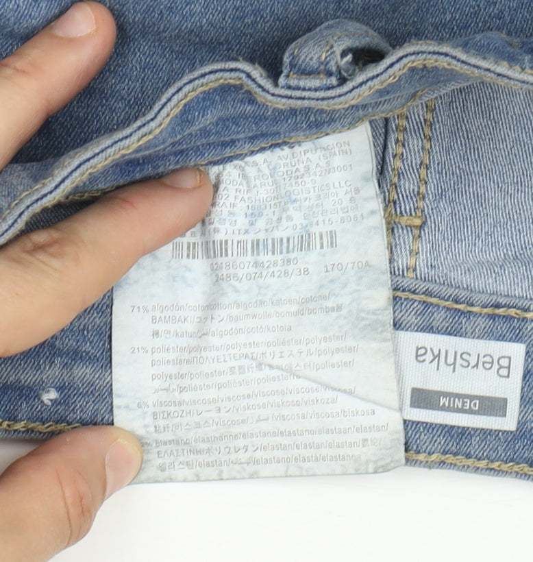 Bershka Women's Blue Denim High-Rise Cut-Off Shorts - Size 10