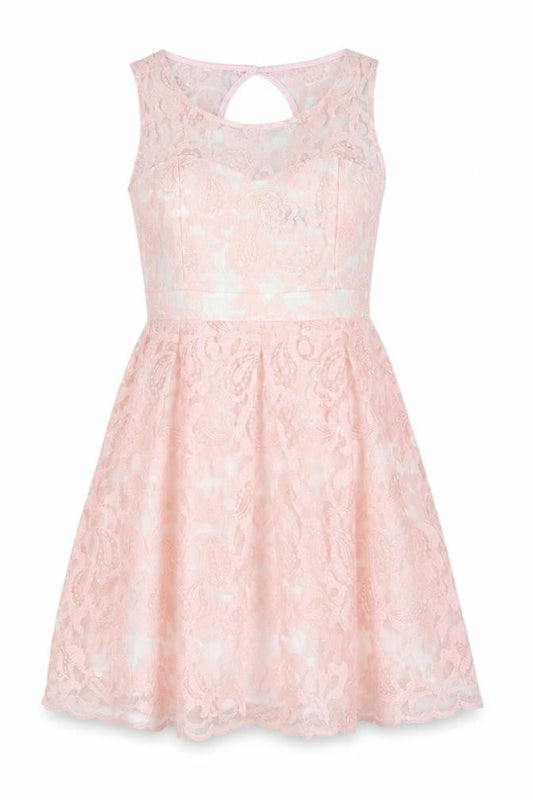 Front view of Forever 21 Pink Lace Dress, L, Sleeveless, Party/Wedding