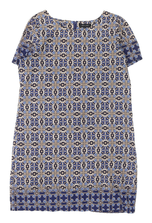 New Look Women's Blue Geometric Shift Dress, Size 14