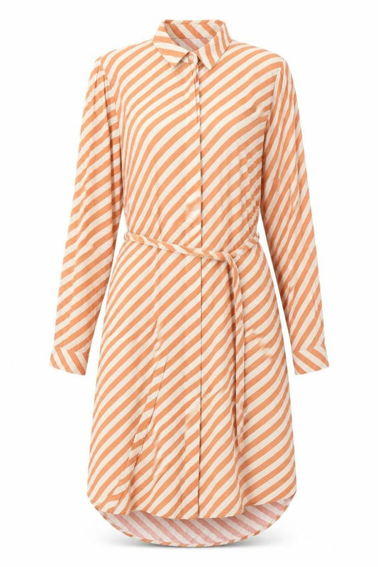 Front view of ICHI Women's Orange Stripe Shirt Dress, size S