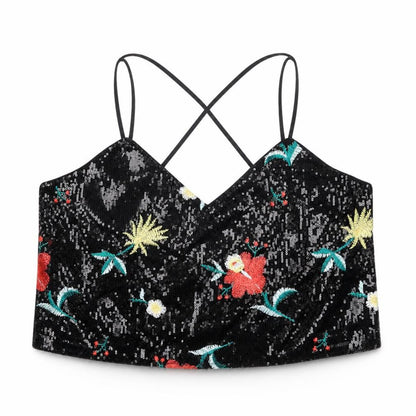 New Look Black Cropped Floral Sequin Camisole - UK 14