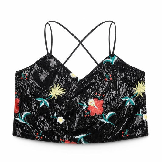 New Look Black Cropped Floral Sequin Camisole - UK 14