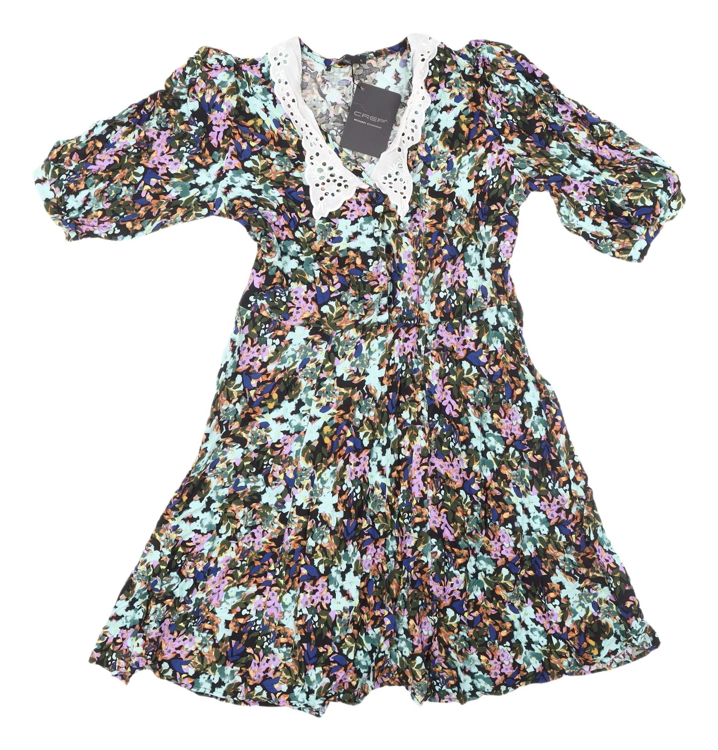 CREP Women's Floral Puff Sleeve Fit & Flare Dress L