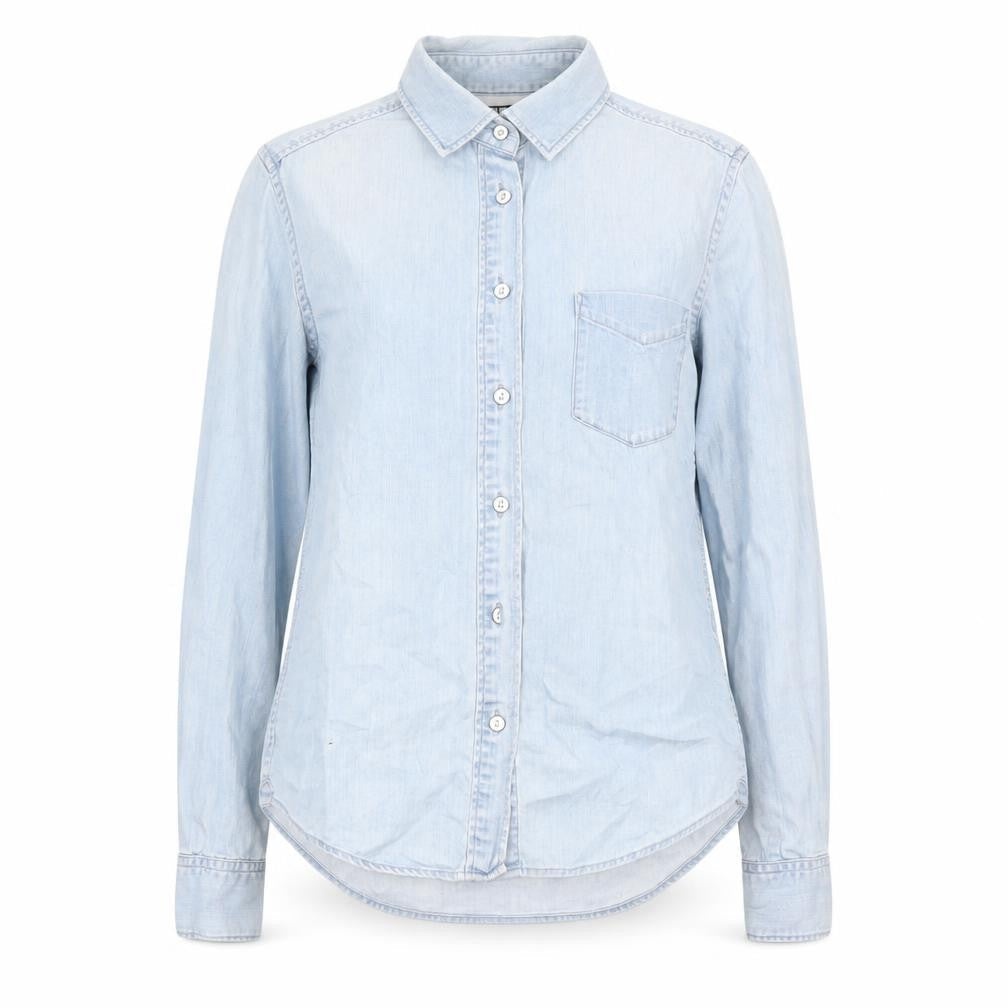 Front view of unisex denim blue button-up long sleeve shirt by uniqlo